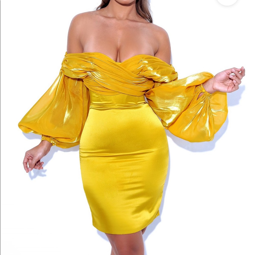 Jacey Gold Off Shoulder Balloon Sleeve Dress